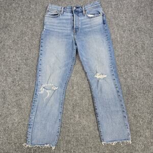 Levi's Premium Wedgie Straight Jeans Womens 29x26 Distressed Light Wash Raw Hem